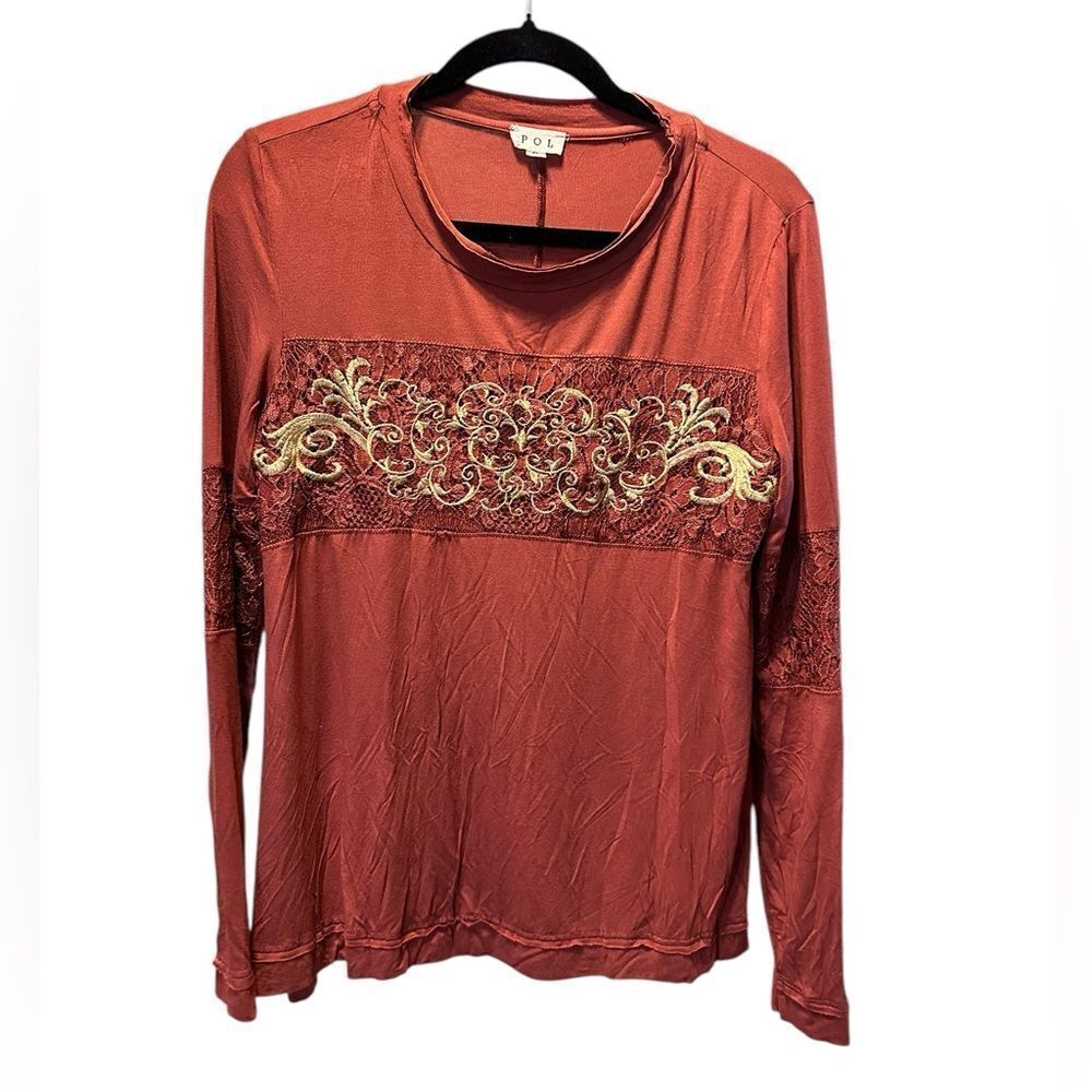 NWOT POL Plus Size Rust Color Embellished Long Sleeve Blouse Split Back - Size S - Picture 7 of 8